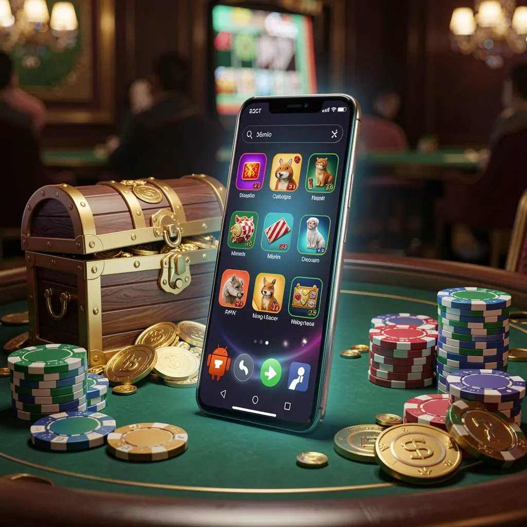 Glowing smartphone displaying ARAW99 Casino APK app layout with treasure chest, chips, and coins nearby in a luxury 3D render