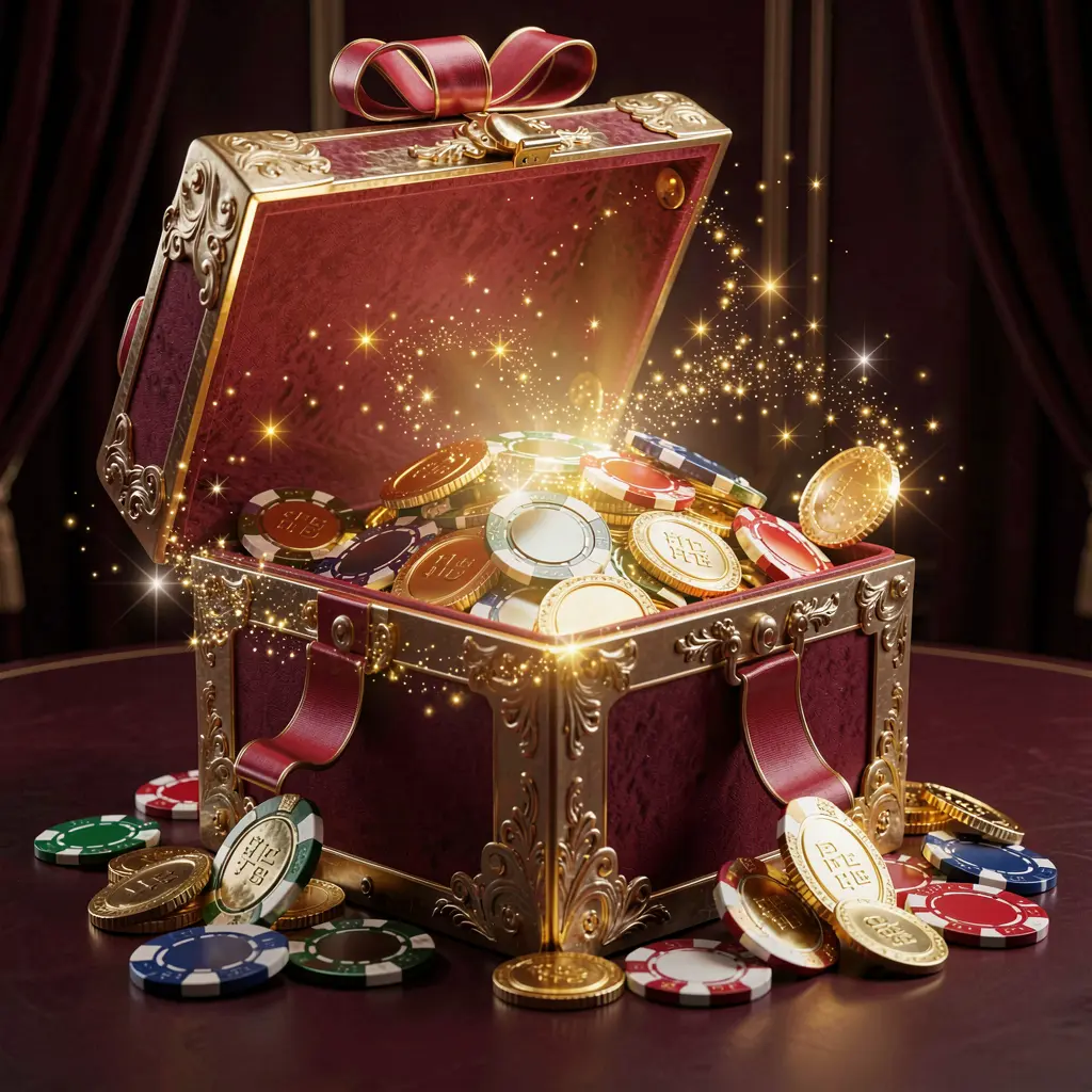 ARAW99 no deposit casino bonus concept featuring a glowing gift box filled with free casino chips and golden coins against a luxury dark background with magical sparkle effects