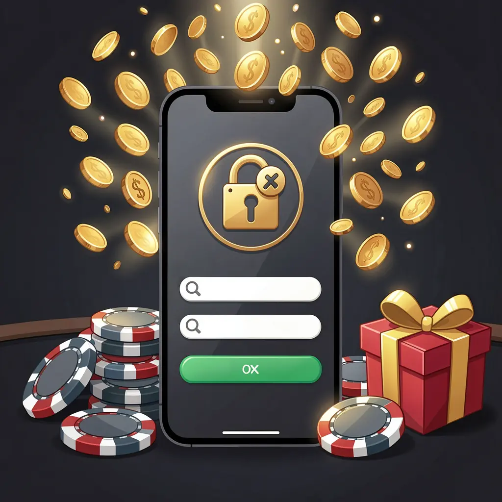 ARAW99 casino user login illustration showing a phone with a secure access icon, golden coins bursting from the screen, poker chips and a gift box nearby on a dark premium background