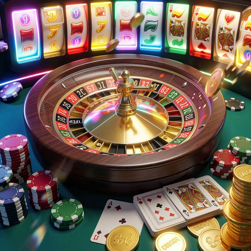 ARAW99 casino homepage visual featuring a realistic 3D render of a roulette wheel, poker chips, playing cards, golden coins, and jackpot lights with a bright neon glow in a dynamic composition